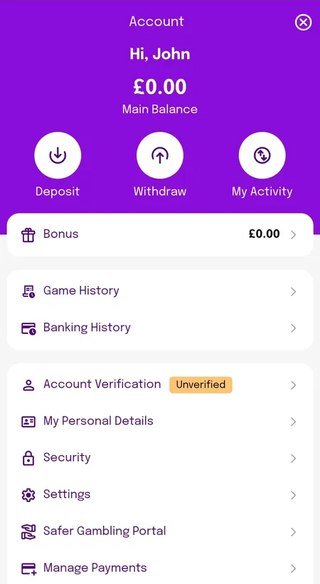 Smooth Spins account dashboard showing balance and menu