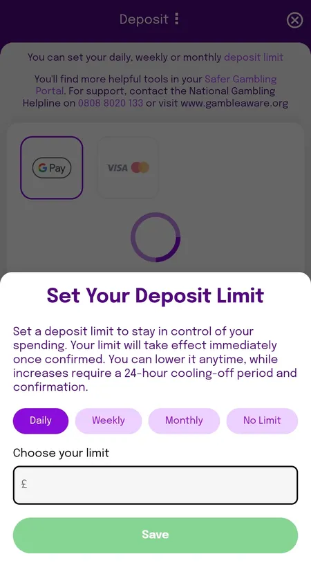 Smooth Spins deposit limit configuration screen