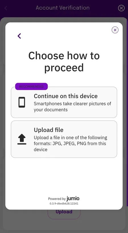 Jumio document capture screen in Smooth Spins KYC flow