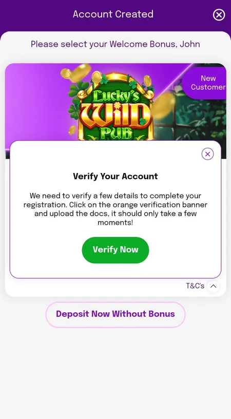 Post-registration screen showing bonus selection and verify account prompt