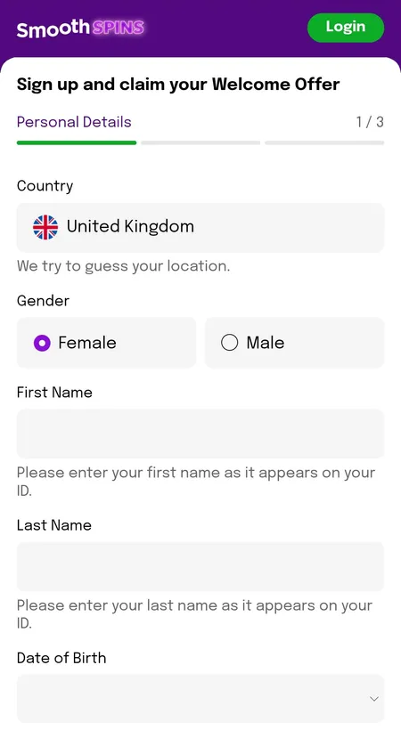 Step 1 of Smooth Spins registration form