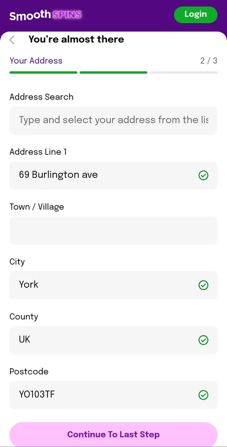 Smooth Spins registration step 2 address entry